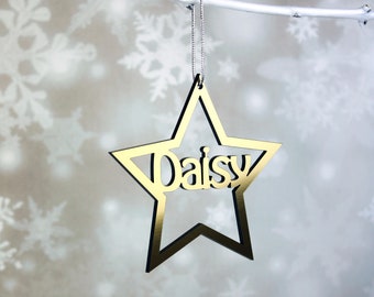 Personalised Christmas Tree Star decoration with Name or Name & Year in Gold, Silver, Glitter Gold and Silver or Wood. Christmas Ornament.