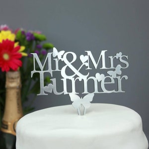 Mr & Mrs Wedding Cake Topper Decoration Keepsake Personalised With Any Name. Silver,Gold,Black,White,Mirror. Butterfly Anniversary Topper.