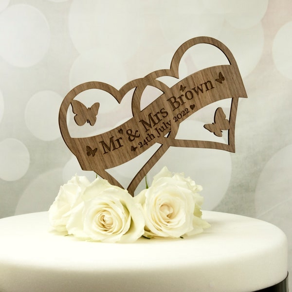 Wedding Cake Topper Decoration Heart Shaped and Personalised-Names,Mr & Mrs,Engagement,Anniversary and Date.Wooden Rustic Feel Cake Topper.