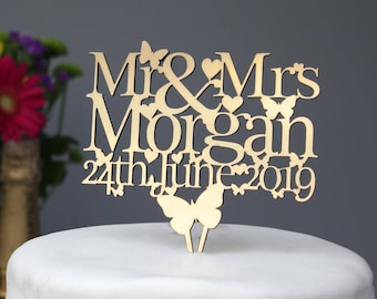 Wedding Cake Topper Personalised with Name and Date in gold,black,white,mirror. Cake decoration keepsake for Wedding, Anniversary.