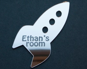 Rocket Acrylic Mirror.Childs Bedroom Rocket Mirror. Nursery Decoration. Personalised Door Plaque Space Themed Mirror.