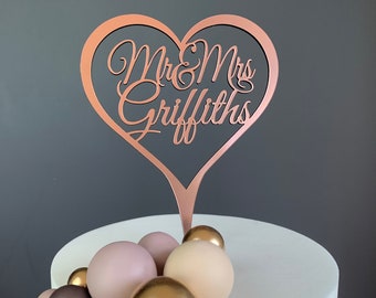 Wedding Cake Topper. Personalised Heart Cake Topper for Wedding,Anniversary,Special Occassion. Rose Gold,Gold,Silver Cake Decoration.