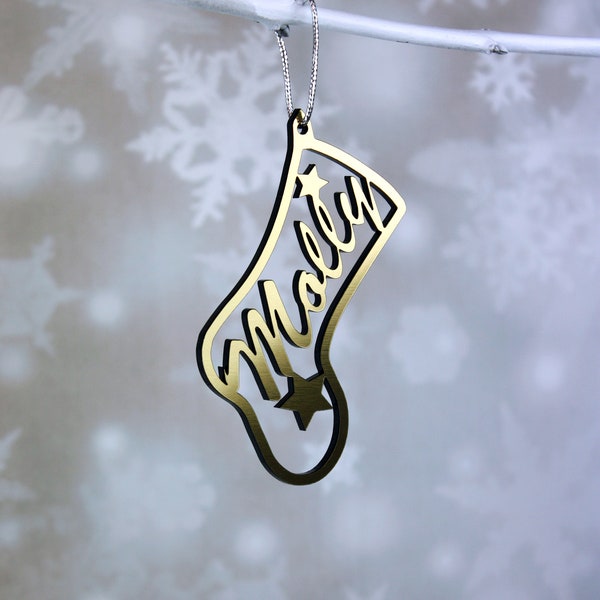 Christmas Tree Stocking Decorations in Wood,Gold,Silver or Glittered Acrylic.Personalise with Family Names-Unique Gift Christmas Present