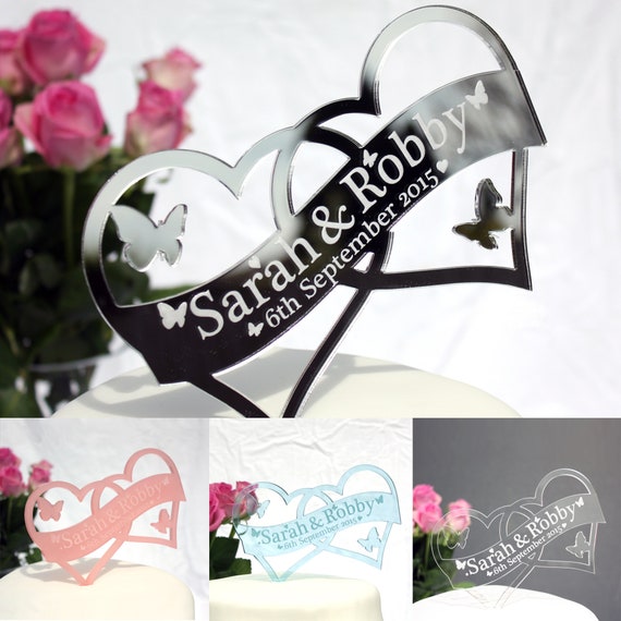 Double Heart Wedding Cake Topper With Butterflies Etsy