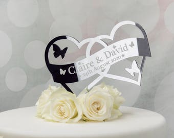 Décoration de gâteau personnalisée en forme de coeur pour gâteau de mariage. Décoration de gâteau de fiançailles ou d'anniversaire. Ajoutez des noms ou le nom et la date de M. et Mme