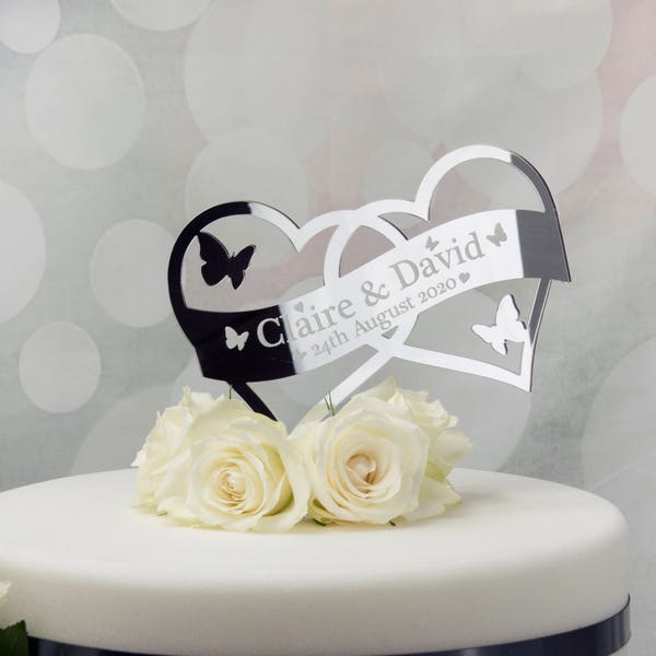 Wedding Cake Topper Heart Personalised Cake Decoration. Engagement or Anniversary cake topper. Add Names or Mr & Mrs Surname and Date