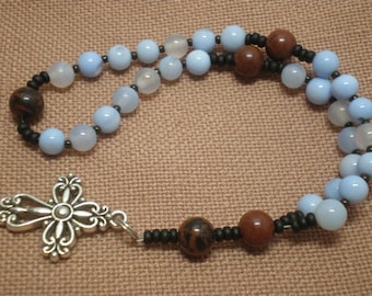 Pocket Anglican Rosary - Christian Prayer Beads - Blue Mist Agate Semiprecious Stone - Mahogany Obsidian - Meditation Beads - Centering-124R