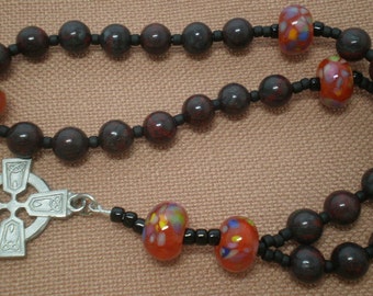 Brecciated Jasper - Artisan Glass Lampwork - Anglican Rosary - Christian Prayer Beads - Semiprecious Stone - Celtic Cross - 163R