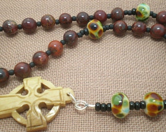 Anglican Rosary - Christian Prayer Beads - Poppy Jasper Semiprecious Stone - Artisan Glass Lampwork - Celtic Wood Cross - Mindfulness - 277R