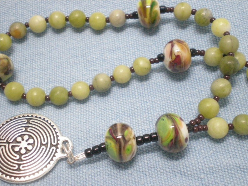 Worry Beads Olive New Jade Semiprecious Stone Artisan Glass Lampwork Labyrinth Meditation Beads Prayer Beads Mindfulness 244R image 2