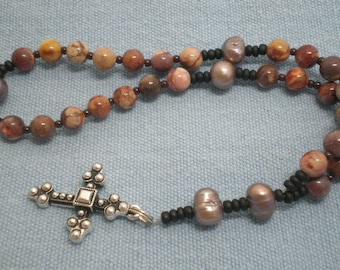 Anglican Rosary - Christian Prayer Beads - Birdseye Ryolite Semiprecious Stone - Freshwater Pearls - Pocket Prayer Beads - Meditation - 115R