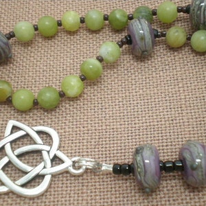 Worry Beads - Olive New Jade Semiprecious Stone - Artisan Glass Beadwork - Celtic Open Heart - Meditation Beads - Prayer Beads - 248R