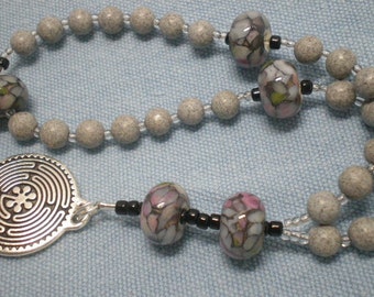 Worry Beads - Black Spot Feldspar Semiprecious Stone - Artisan Glass Lampwork - Labyrinth - Meditation Beads - Mindfulness - Centering -241R