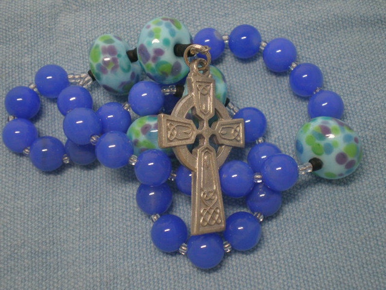 Anglican Rosary Christian Prayer Beads Blue Agate Semiprecious Stone Artisan Lampwork Beads