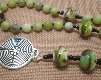 Worry Beads - Olive New Jade Semiprecious Stone - Artisan Glass Lampwork - Labyrinth - Meditation Beads - Prayer Beads - Mindfulness - 244R