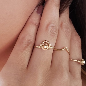 Sun ring, sunburst ring, dainty gold filled ring, gold hammered ring, rose gold stacking ring, wire wrapped ring, pinky ring, horizon ring image 1