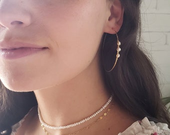 Thin pearl hoops, dainty pearl hoop earrings, 3 pearl earrings, silver hoop earrings, delicate gold pearl hoops, statement bridal earrings