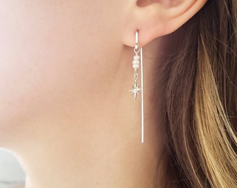 Tiny star earrings, threader earrings sterling silver, star drop earrings, pearl drop earrings, boho bridal earrings, silver star earrings