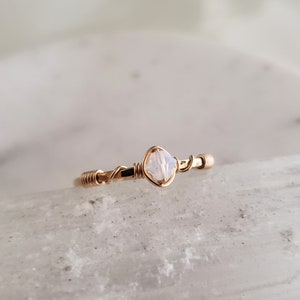 Swarovski crystal ring, white opal ring, dainty crystal ring, gold filled stacking ring, hammered wire wrapped boho ring, thin gold ring