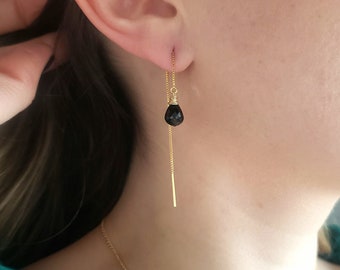 Black spinel earrings, gold threader earrings, gold chain earrings, black stone earrings, long black beads earrings, black bridal earrings