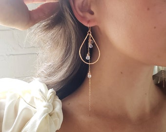 Gold teardrop hoop earrings, rainbow moonstone earrings, dainty bridal earrings, rose gold chandelier earrings, dangle earrings, wedding