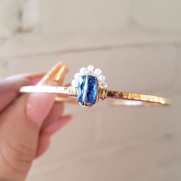 kyanite bracelet, something blue for bride, blue bride bracelet, rhinestone bangle, Sapphire bangle, blue sapphire bracelet, dainty bracelet