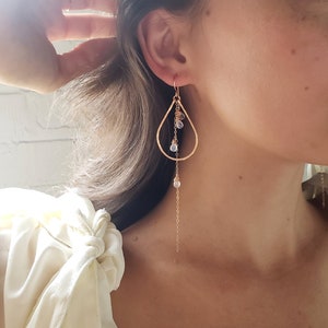 Gold teardrop hoop earrings, rainbow moonstone earrings, dainty bridal earrings, rose gold chandelier earrings, dangle earrings, wedding