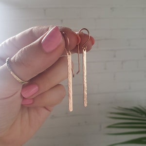 Rose gold filled earrings, rose gold earrings, hammered bar earrings, dangle earrings, minimal sterling silver earrings, long bar earrings