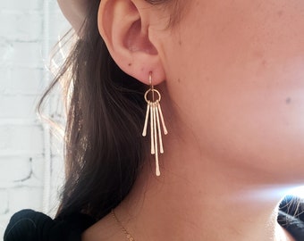 Gold fringe earrings, gold tassel earrings, hammered bar earrings, long fringe earrings, gold dangle earrings, linear earrings