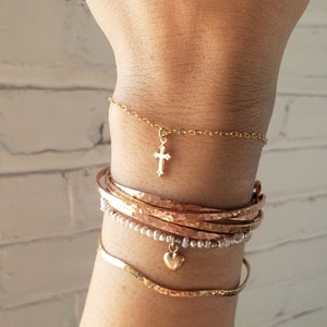 Dainty gold cross bracelet, cross charm bracelet, small cross bracelet, gothic cross bracelet, first communion gift girl, layering bracelet
