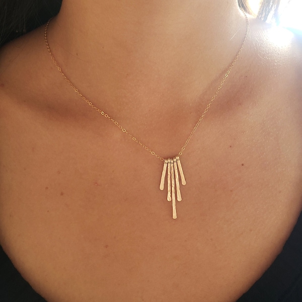 Gold filled fringe necklace, gold fan necklace, dainty gold necklace, hammered fringe necklace, layering necklace, holiday necklace