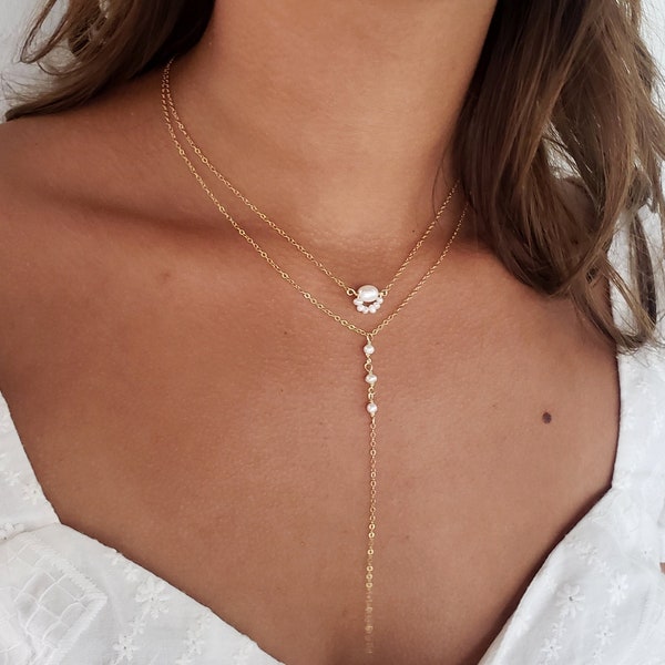 Pearl lariat necklace, bridal necklace, gold layered necklace set, vintage style pearl necklace, dainty necklace, pearl necklace set