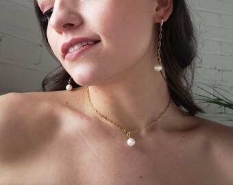 Gold pearl necklace, freshwater pearl necklace gold, gold chain necklace, gold single pearl necklace, chain link necklace, silver necklace