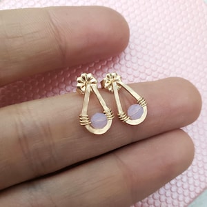 Tiny pink opal stud earrings, small gold stud earrings, gold teardrop stud earrings, teardrop opal earrings, delicate gold stud earrings 14k gold fill