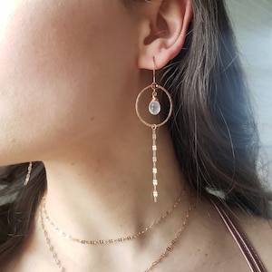 Rainbow moonstone earrings, long bridal earrings, rose gold earrings, moonstone drop earrings, chain earrings, wedding earrings