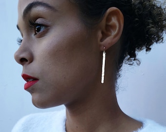Gold bar earrings, minimal bar earrings, modern stamped earrings, simple dangle earrings, gold stick earrings, hammered dangle earrings