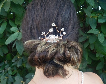 Flower Hair Comb, Rose Gold Hair Comb, Wedding Hair Comb, Pearl Hair Comb Wedding, Bridal Hair Comb Pearl, Hair Jewelry, Vintage Inspired