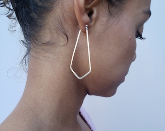 Long sterling silver geometric statement earrings, hammered long silver earrings, triangle shape earrings, shield shape earrings