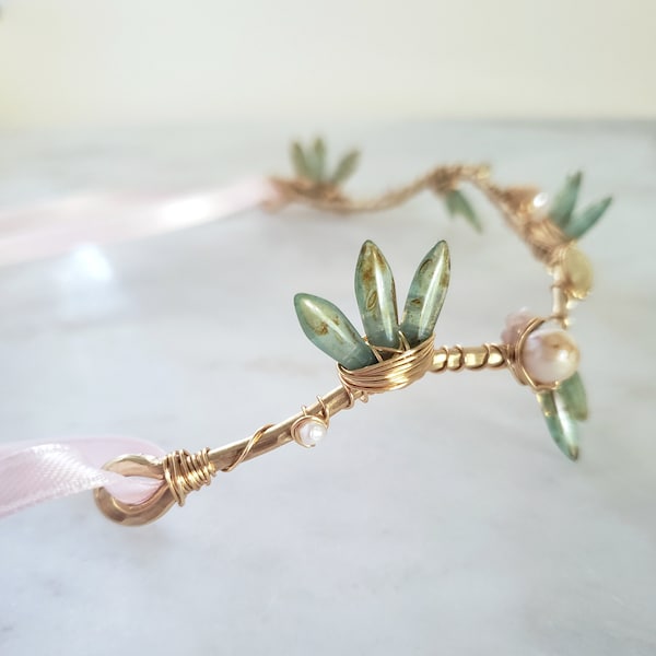 Woodland wedding crown, Elven circlet, boho bridal crown, faerie crown, bridal tiara, gemstone and pearl tiara, bridal headpiece, diadem