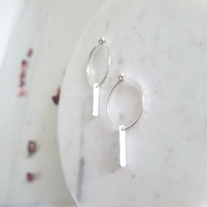 small hoop earrings, hoop earrings with charm, bar hoop earrings, minimalist earrings, silver hoops, hammered bar hoop, silver hoop earrings