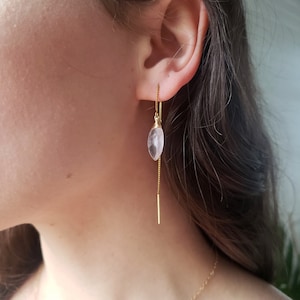 Rose quartz earrings, threader earrings, gemstone earrings, rose gold earrings, long dangle earrings, wedding earrings, long bridal earrings
