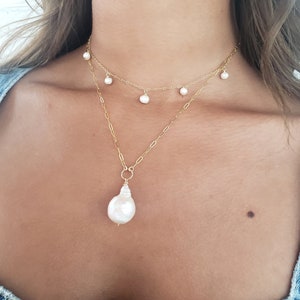 Large pearl necklace, real pearl necklace, chunky pearl necklace, baroque pearl necklace, paperclip chain necklace, pearl teardrop necklace