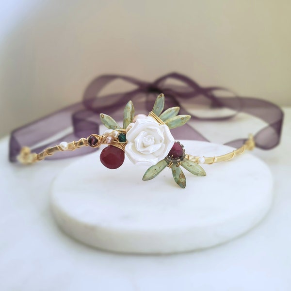 Bridal circlet, fairytale wedding crown, rose flower crown, bridal headband, wedding flower crown, bridal hair vine, bridal headpiece