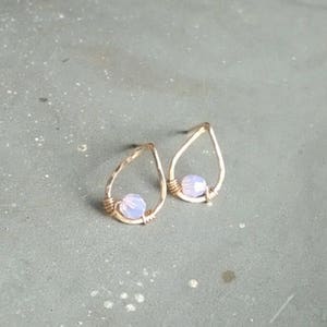 Tiny pink opal stud earrings, small gold stud earrings, gold teardrop stud earrings, teardrop opal earrings, delicate gold stud earrings image 3