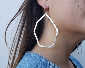 Chunky organic shape sterling silver earrings, large assymetrical statement earrings, bold hammered sterling earrings, high fashion earrings