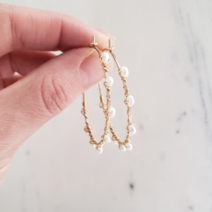 Pearl hoop earrings, gold filled hoops, rose gold hoop earrings, wire wrapped earrings, pearl hoops, dainty gold pearl hoop earrings