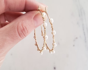 Pearl hoop earrings, gold filled hoops, rose gold hoop earrings, wire wrapped earrings, pearl hoops, dainty gold pearl hoop earrings