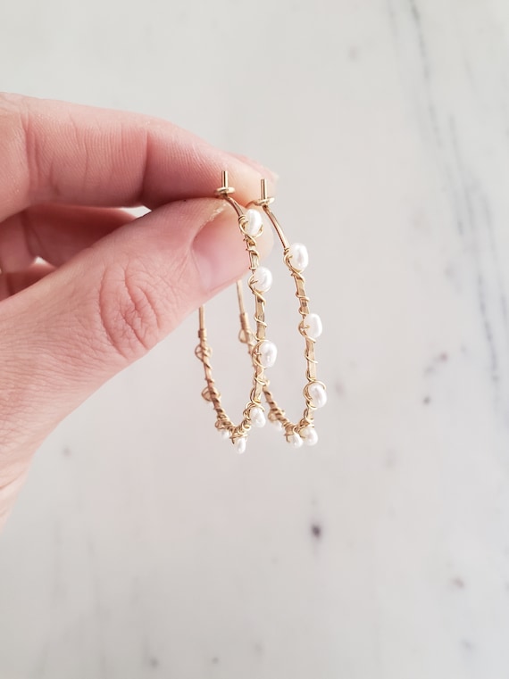 Pearl hoop earrings, gold filled hoops, rose gold hoop earrings, wire  wrapped earrings, pearl hoops, dainty gold pearl hoop earrings