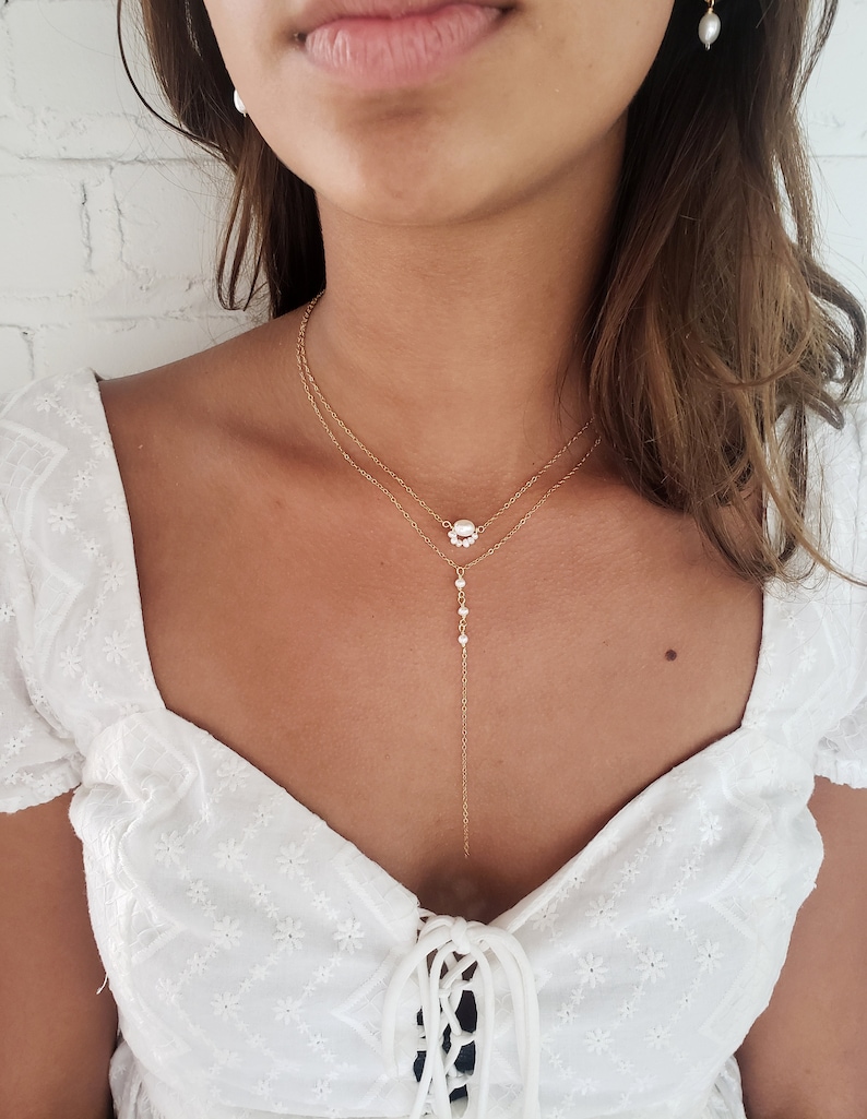 Pearl lariat necklace, bridal necklace, gold layered necklace set, vintage style pearl necklace, dainty necklace, pearl necklace set image 7