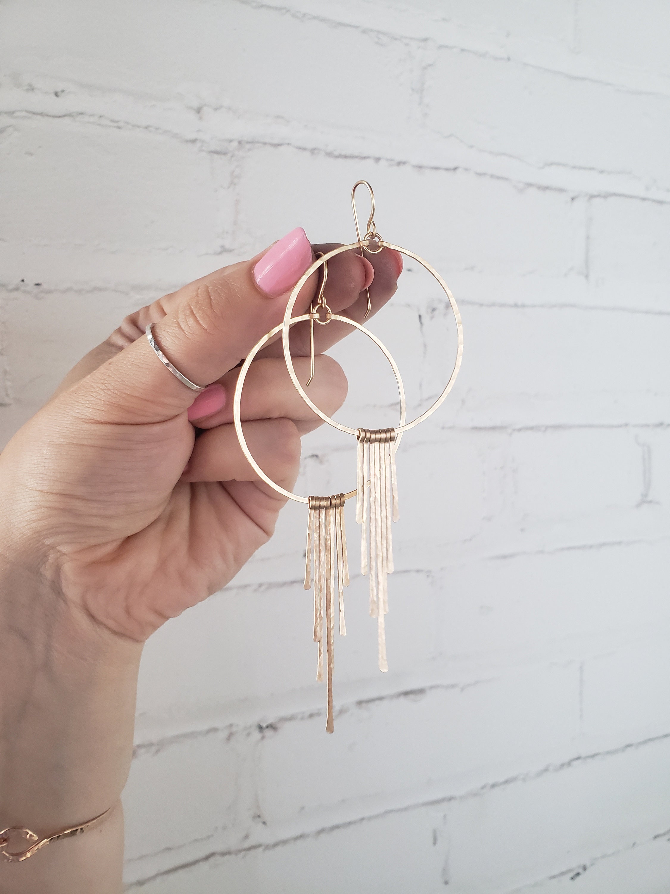 Gold Fringe Hoop Earrings, Boho Fringe Hoops, Hammered Fringe Earrings ...